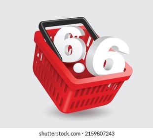 promotion advertisement ,white 6.6 text place in red shopping basket for promotion MEGA SALE sixth day sixth month, vector 3d isolated on white background for shopping advertising design