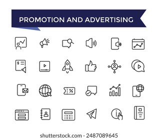 Promotion And Advertising Line Icons set with editable stroke collection for web and ui. Line icons pack. Vector illustration.