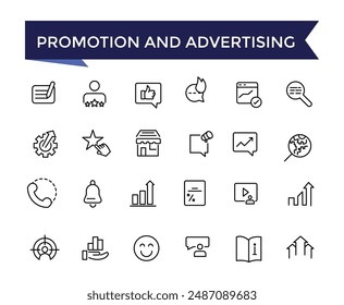 Promotion And Advertising Line Icons set with editable stroke collection for web and ui. Line icons pack. Vector illustration.