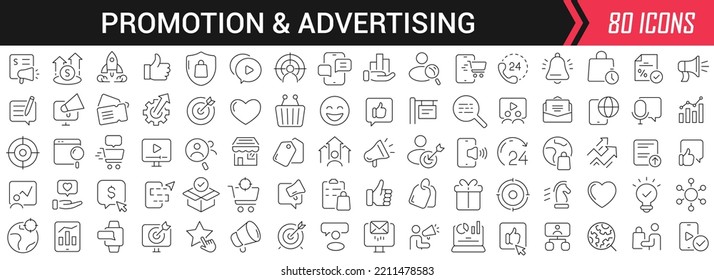 Iconos lineales de promoción y publicidad en negro. Gran colección de iconos de la interfaz de usuario en un diseño plano. Paquete de signos de contorno delgado. Gran conjunto de iconos para el diseño