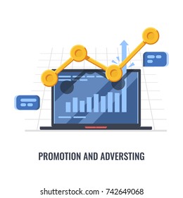 Promotion and advertising result progress concept, analysis and analytics, laptop computer with charts up, business success statistic flat vector illustration