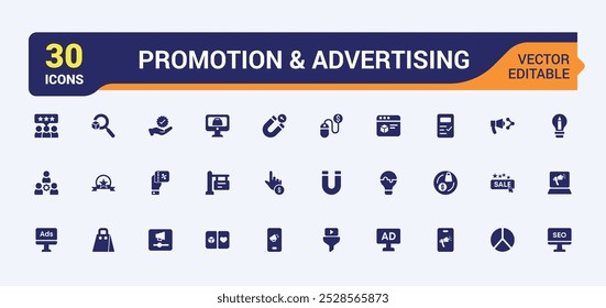 Conjunto de ícones sólidos de promoção e publicidade. Coleção de seo preenchida em ícones da web e da interface do usuário. Editável e com pixel perfeito, ilustração Vetor.