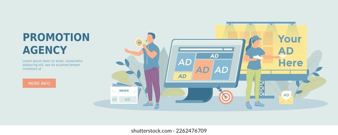 Promotion agency. Digital marketing campaign, advertising.PR agency team communicate with audience, public relations. Promotional web banner. Cartoon flat vector illustration with people characters.