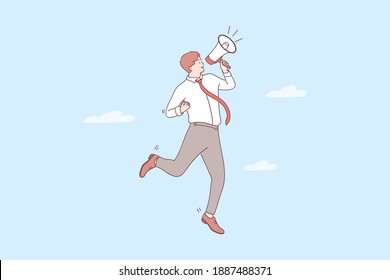 Promotion, announcement, attention concept. Young positive businessman cartoon character standing and making announcement with speaker megaphone for attention vector illustration 