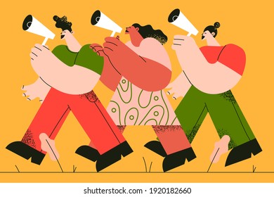 Promotion, announcement, discount concept. Group of people walking and shouting at megaphones together for attracting attention of public vector illustration