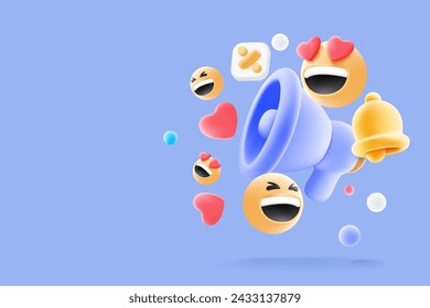 Promotion Announcement with megaphone and emoji promote your brand, business and product template. 3d vector