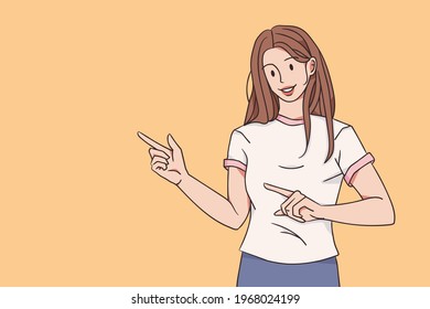 Promotion and attention concept. Young pretty smiling brunette woman cartoon character standing and pointing aside with fingers feeling satisfied vector illustration 