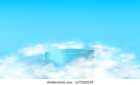 Promotion background with podium in clouds. Vector 3d illustration with podium and realistic clouds for promotion products or goods.