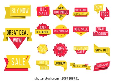 Promotion badge icons. Set of banner elements, offer tag, discount label design, sale web coupons. Flat design sale stickers on white background. Black Friday. Cyber Monday. Vector illustration.