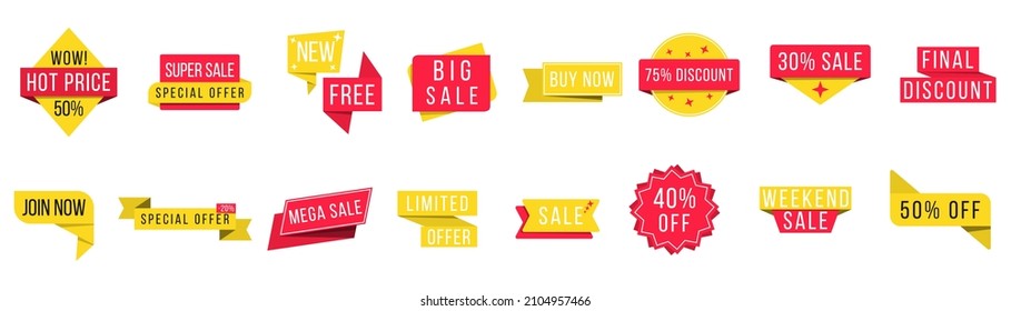 Promotion badge icons. Set of banner elements, offer tag, discount label design, sale web coupons. Flat design sale stickers on white background. Black Friday. Cyber Monday. Vector illustration.