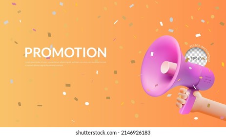 Promotion banner, 3D hand holding pink megaphone with confetti on orange background, vector illustration
