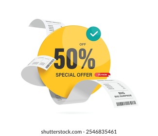 promotion banner advertising design ,promotional sign, special offer, 50% discount, yellow circle placed on receipt paper, vector 3d isolated on white background for advertisement design