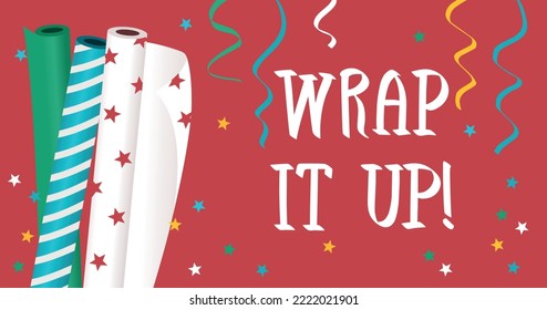 Promotion banner for advertising with wrapping christmas paper, ribbons, stars and lettering wrap it up. Red christmas and new year background