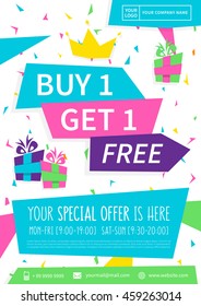 Promotion banner Buy 1 Get 1 Free vector illustration. Special offer advertising poster design. Promo flyer Buy 1 Get 1 Free creative concept. A4 size. Ready to print. Retail advertisement banner.