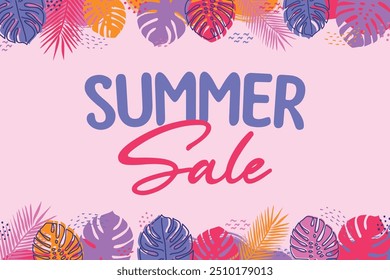 Promotion banner with colourful hand drawn leaves. Summer Sale background. Vector illustration