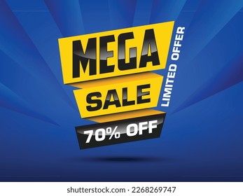 Promotion banner design, discount deal offer, marketing sales illustration with text Mega Sale 70 percent off, limited offer.
Design template related to online shopping, vector design concept