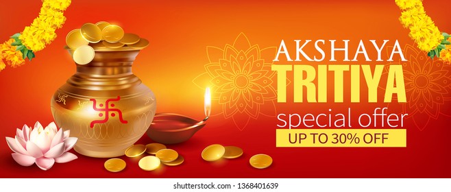 Promotion banner with gold pot (kalash), coins and diya (oil lamp) for Indian festival Akshya Tritiya. Vector illustration.