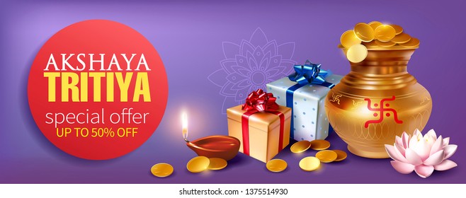 Promotion banner with gold pot (kalash), coins, gifts and diya (oil lamp) for Indian festival Akshya Tritiya. Vector illustration.