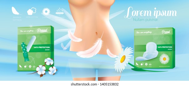 Promotion Banner for Hygienic Feminine Products. Realistic Female 3d Vector Belly and Hips, Green Packs with Pads and Tampon Illustration. Comfort and Freshness during Menstrual Period Ad