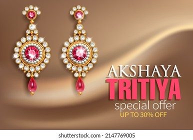 Promotion banner for Indian festival Akshya Tritiya. Gold earrings with pearls, red rubies and diamonds on silk background. Vector illustration.