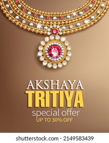 Promotion banner for Indian festival Akshya Tritiya. Gold necklace with pearls, red rubies and diamonds on silk background. Vector illustration.