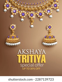 Promotion banner for Indian festival Akshya Tritiya. Gorgeous gold necklace and earrings with pearls, blue gems and diamonds on silk background. Vector illustration. svg