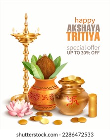 Promotion banner with Kalash, gold coins and diya (oil lamp) for Indian festival Akshya Tritiya. Vector illustration.