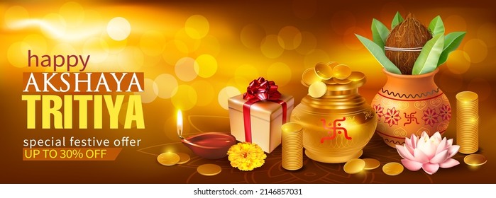 Promotion banner with Kalash, gold pot, diya and coins for Indian festival Akshya Tritiya. Vector illustration.