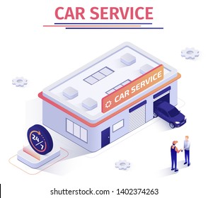 Promotion Banner Offers Round-the-Clock Car Repair Service. Building With Repaired Automobile Leaving Garage. Master Returning Keys To Satisfied Client. Isometric Vector 3d Illustration