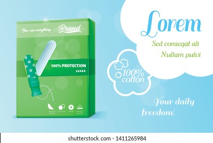 Promotion Banner with Realistic Vector 3d Green Cotton Tampon Pack. Illustration with Blue Copy Space and Advertising Text in Flower Frame. Feminine Hygiene Product for Menstruation Blood Absorption