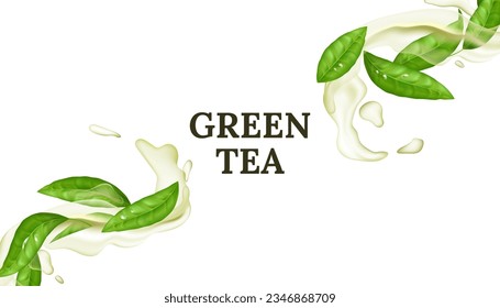 Banner promocional de Refresing green tea leaf en movimiento líquido 3D. Ilustración vectorial de salpicadura transparente con aroma de menta. Concepto de bebida vegetal orgánica