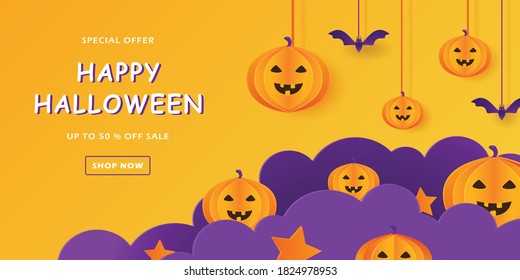 promotion banner template with cloud paper cut style and pumpkin character, bat ornament, flash sale, discount layout orange pastel color, background vector