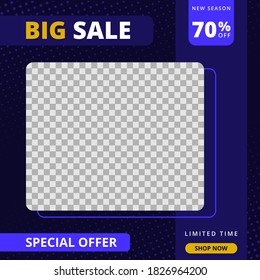 Promotion banner template for social media. Dark blue editable ad banner for digital marketing and sale promo with place for your image. Social media banner for sale promotion.