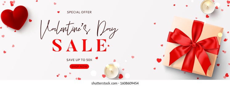 Promotion banner for Valentine's Day sale. Vector illustration with realistic gift box, candles, ring box and confetti on white background. Promo discount banner.