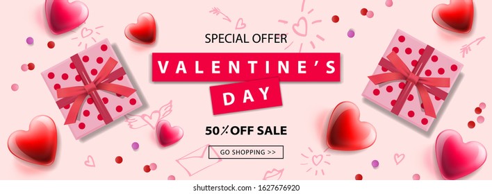 Promotion banner for Valentine's day sale. Vector illustration with realistic gift boxes, cute hearts and confetti on pink background. Promo discount poster.