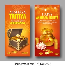 Promotion banners with gold pot (kalash), vintage box and coins for Indian festival Akshya Tritiya. Vector set.