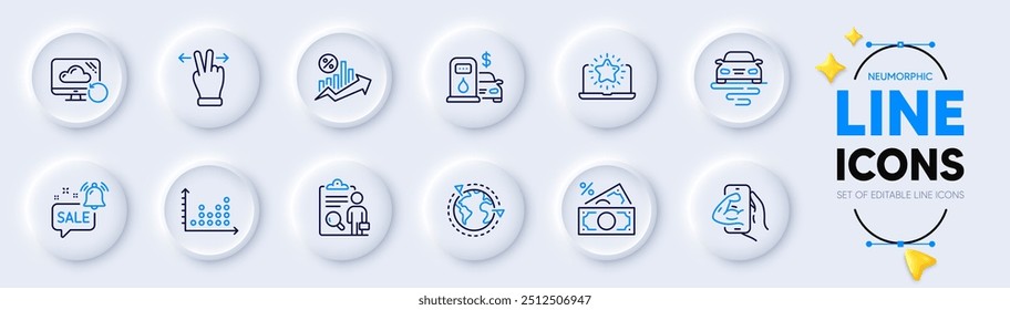 Promotion bell, Money tax and Best laptop line icons for web app. Pack of Filling station, Fitness, Outsourcing pictogram icons. Loan percent, Recovery cloud, Inspect signs. Dot plot. Vector