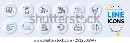 Promotion bell, Money tax and Best laptop line icons for web app. Pack of Filling station, Fitness, Outsourcing pictogram icons. Loan percent, Recovery cloud, Inspect signs. Dot plot. Vector