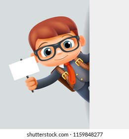 Promotion blank paper poster stick corner look out schoolboy education excellent school student pupil nook 3d cartoon character vector illustration
