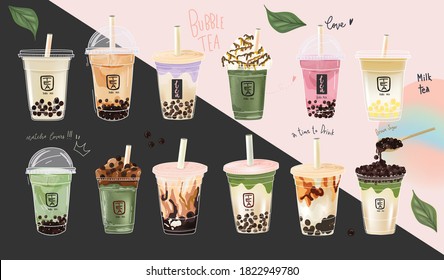 Promotion Bubble Milk Tea Brown Sugar  Matcha Green Tea Vector Elements 