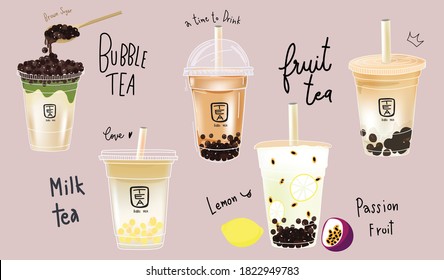 Promotion bubble milk tea brown sugar  matcha green tea vector elements 