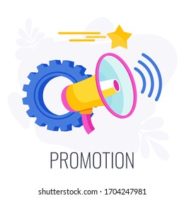 Promotion business concept. Messages fly from a megaphone to a person head. Metaphor of promoting goods and services for potential customers, target audience. Flat vector cartoon illustration.