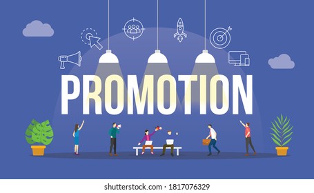 promotion business concept with people and big text word and related icon flat