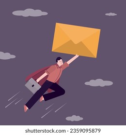 Promotion campaign, marketing, email communication, businessman superhero carrying big yellow email envelope flying to recipient address. Subscription, sending message or information concept. vector
