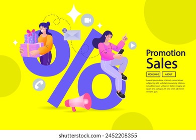 Promotion campaign. Product promotion sale. People buys at black friday or sale. Clients or customers. Shopping non-stop. Web Social media and online shopping. Vector illustration.