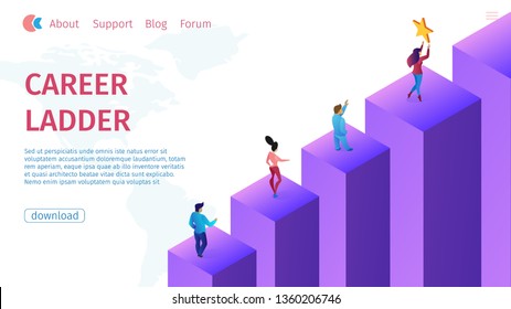 Promotion Carrer Ladder Flat Vector Illustration. Banner Diligent Men and Women in Business Suits Climb Up Columns. Successful Execution Functions Assigned to Employees Expand Powers.