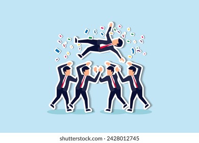 Promotion celebration congratulatory party for work success, goal achievement, winning prize concept, joyful company colleagues throwing their happy boss into the air celebrating team success.