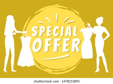 Promotion for clients vector, special offer and discounts. Woman with dress buying clothes, silhouette of people at store, yellow circle brush flat style. Business sale stikers. Flat cartoon
