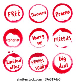 Promotion collection of round watercolor stains with free, discount, promo, promotion, hurry up, freebies, limited offer, expires soon, big deal text. Set of vector Promotion stamps.