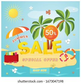 Promotion with colorful beach elements. Summer sale vector banner design. Vector illustration.